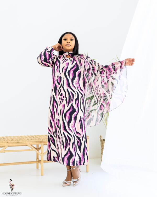 Pink and black animal print occasion dress with side pleated Sleeve and side slits - Image 2