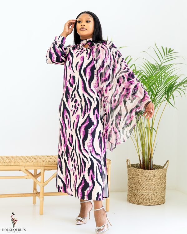 Pink and black animal print occasion dress with side pleated Sleeve and side slits - Image 5