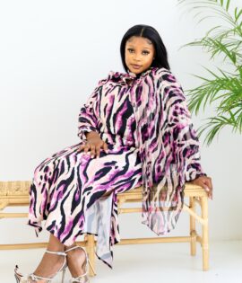 Pink and black animal print occasion dress with side pleated Sleeve and side slits
