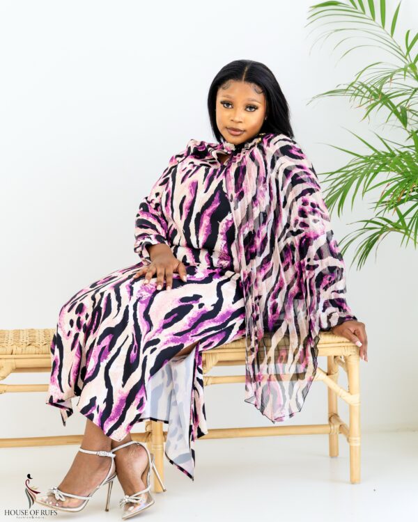 Pink and black animal print occasion dress with side pleated Sleeve and side slits