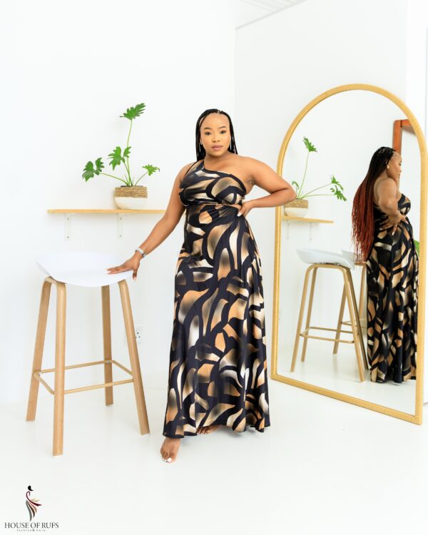 Brown & Black Print One Sholder Satin Dress with open side detail - Image 3