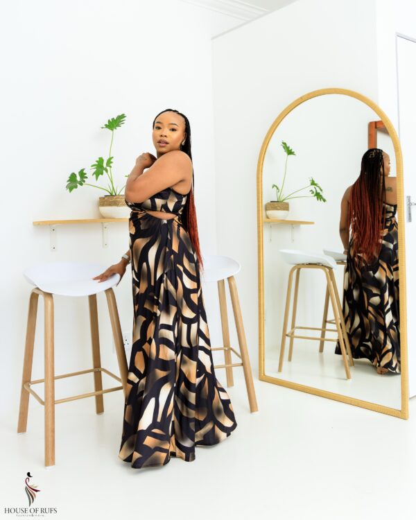 Brown & Black Print One Sholder Satin Dress with open side detail - Image 2