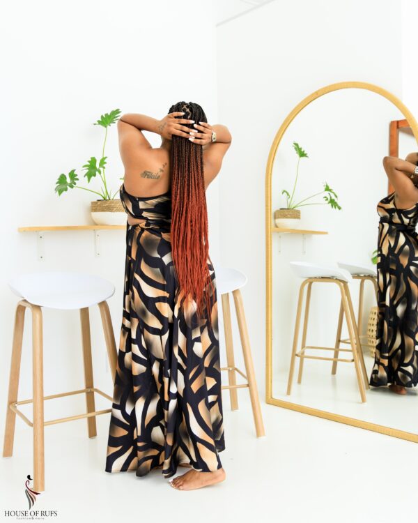 Brown & Black Print One Sholder Satin Dress with open side detail