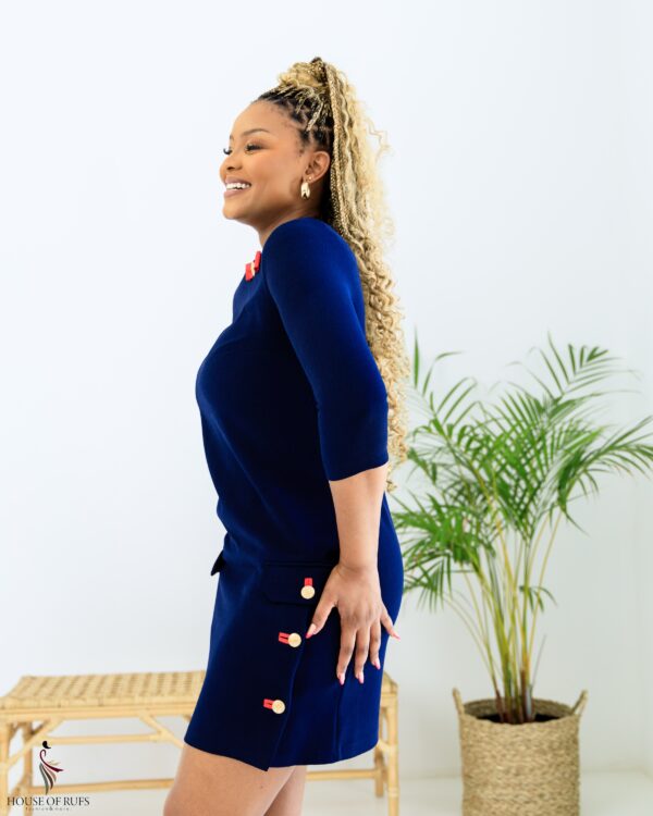 Navy Blue Bodycon Dress with side button Derain and broche - Image 3