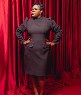 Chocolate Brown Dress with beaded neckline and pockets