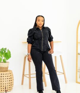 Black Denim Jumpsuit with puffed sleeves and front zip detail