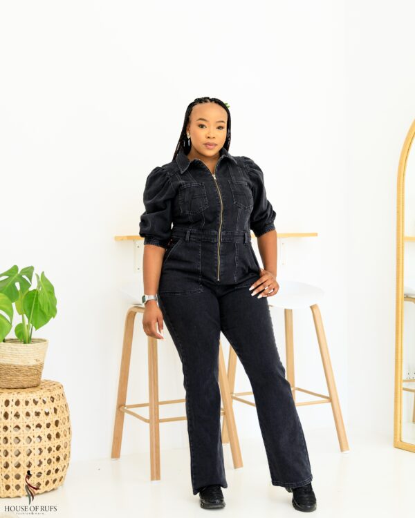 Black Denim Jumpsuit with puffed sleeves and front zip detail