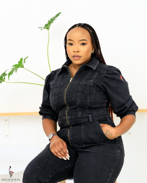 Black Denim Jumpsuit with puffed sleeves and front zip detail - Image 2