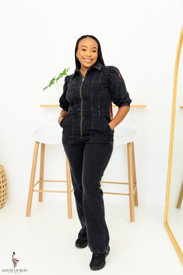 Black Denim Jumpsuit with puffed sleeves and front zip detail - Image 6