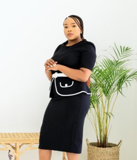Black Peplum dress with white binding detail and belt