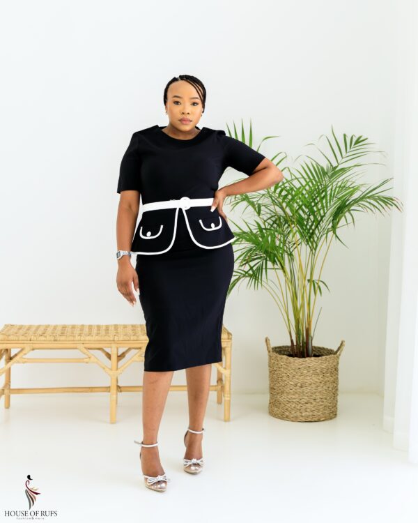 Black Peplum dress with white binding detail and belt - Image 3