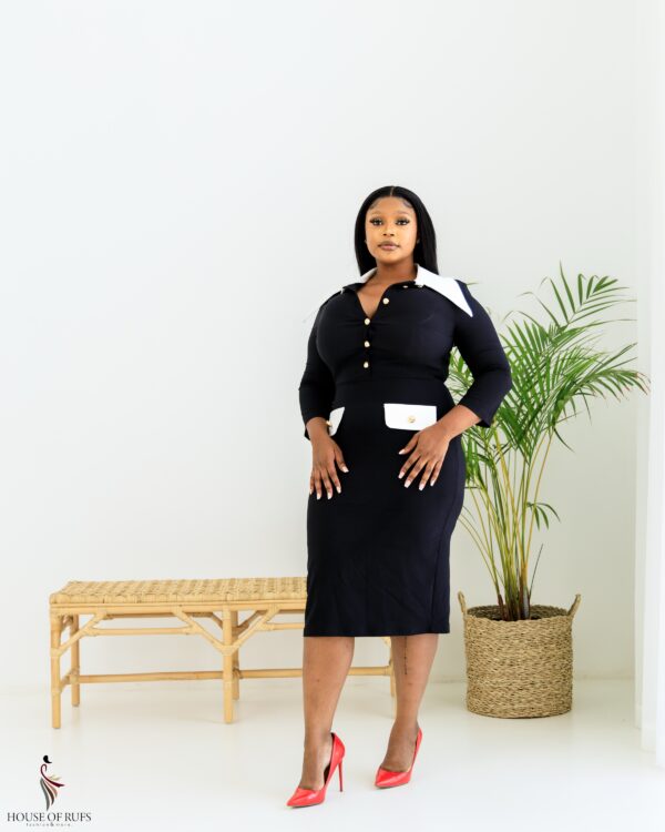 Black Bodycon dress with white pocket design - Image 2