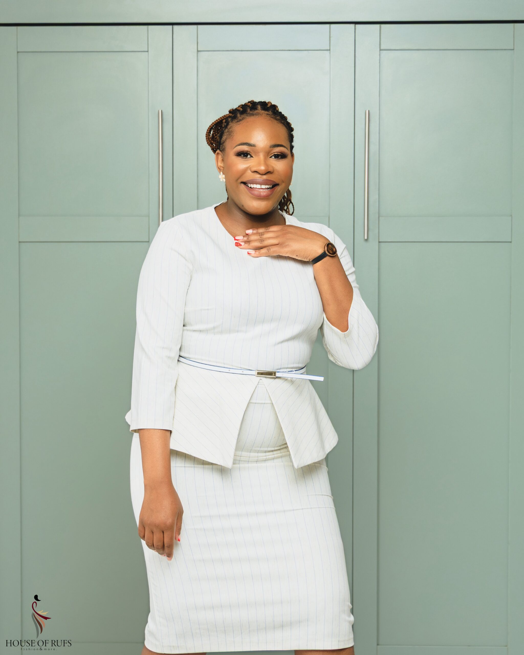 White striped peplum dress with belt