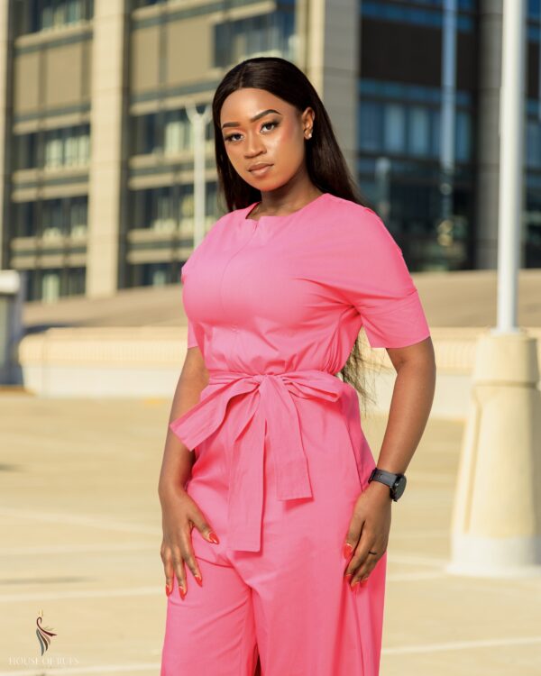 Pink Linen jumpsuit with pockets and belt