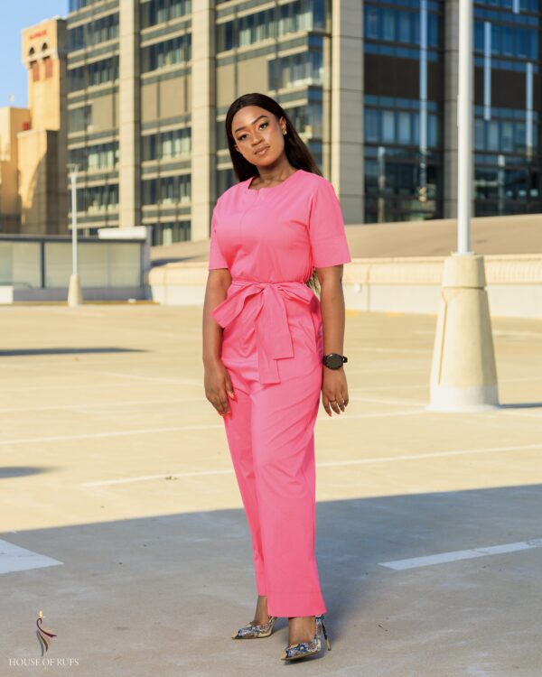 Pink Linen jumpsuit with pockets and belt - Image 4