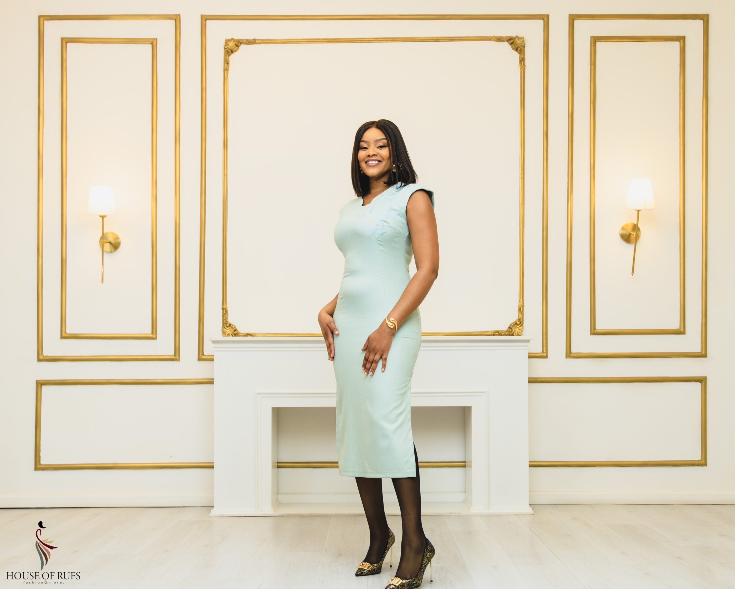 Mint green linen formal dress with embroidery design and side slits