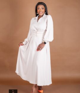 Nude V-neck   A-Line Dress with figure belt