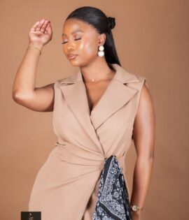 Beige wrap-over dress with side scarf detail
